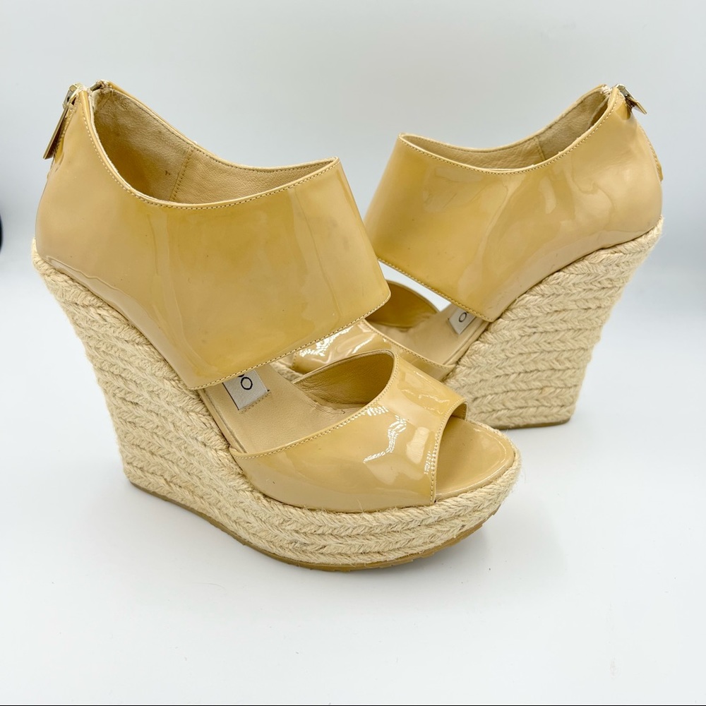 Jimmy Choo Lagoon Nude Patent Leather Wide Ankle Strap Espadrilles US5